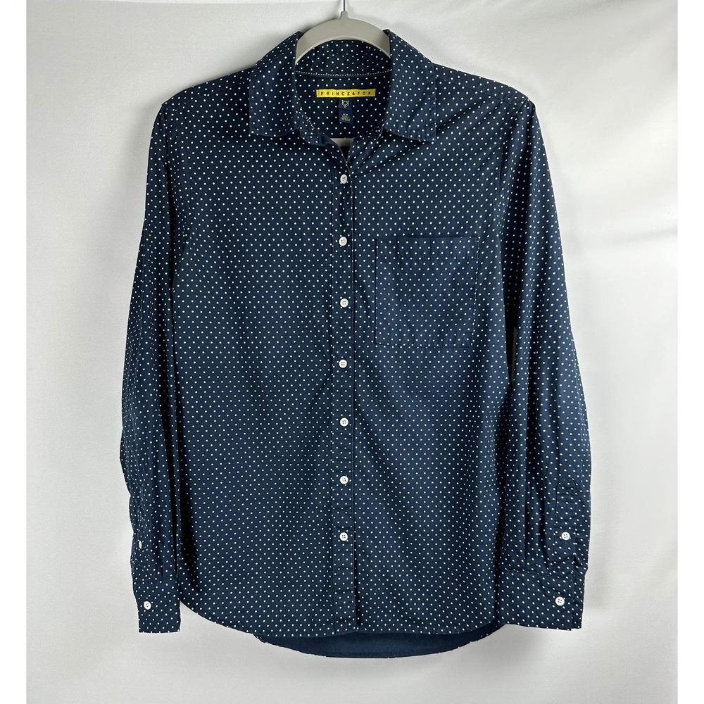 Prince Fox Polka Dot Shirt S Navy Blue Long Sleeve Cotton Preppy Classic Office